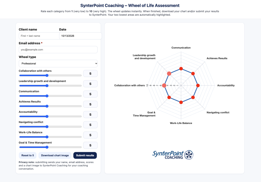 Preview of the SynterPoint Wheel of Life Assessment showing the scoring sliders and completed wheel chart