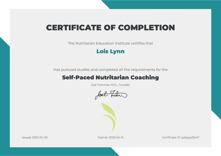 Lois Lynn, Nutritarian Coach