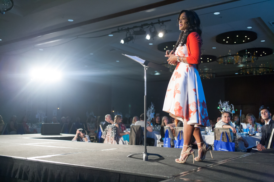 Kim Peterson speaking at leadership event—chosen by event planners for trauma-informed, transformational workshops.