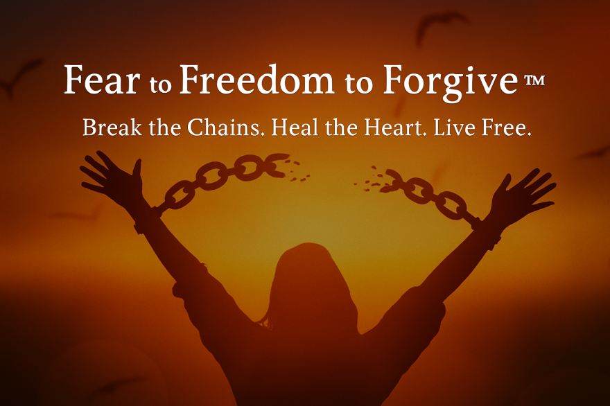 A silhouette lifting broken chains at sunrise, symbolizing spiritual freedom, healing, forgiveness, and emotional release—representing Kim Peterson’s Fear to Freedom to Forgive Self-Study Program. A silhouette lifting broken chains at sunrise, symbolizing spiritual freedom, healing, forgiveness, and emotional release—representing Kim Peterson’s Fear to Freedom to Forgive Self-Study Program.