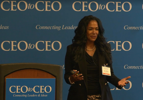 Kim Peterson speaking—authenticity, resilience, courage. Kim Peterson speaking at a CEO to CEO leadership event—Reclaim Your Power: Heal, Rise, Lead through self-leadership first.
