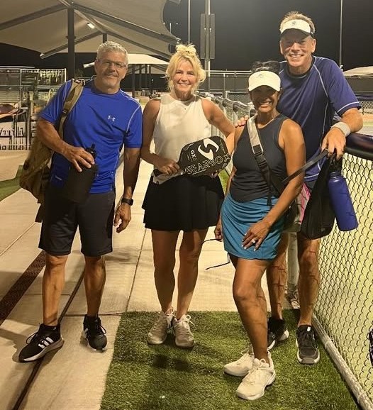 Community & wellness—pickleball with friends Kim Peterson enjoying community and wellness with friends after a pickleball game in Arizona—practicing WHOLE YOU balance.
