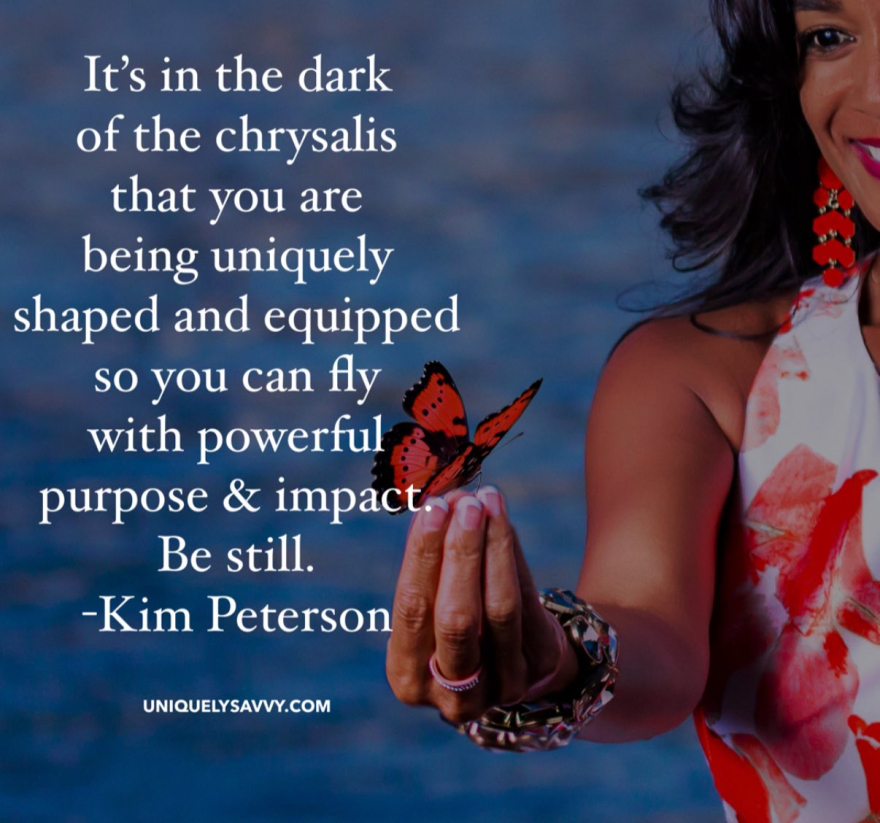 Kim Peterson quote: In the dark of the chrysalis you are being shaped to fly with purpose and impact. Be still.