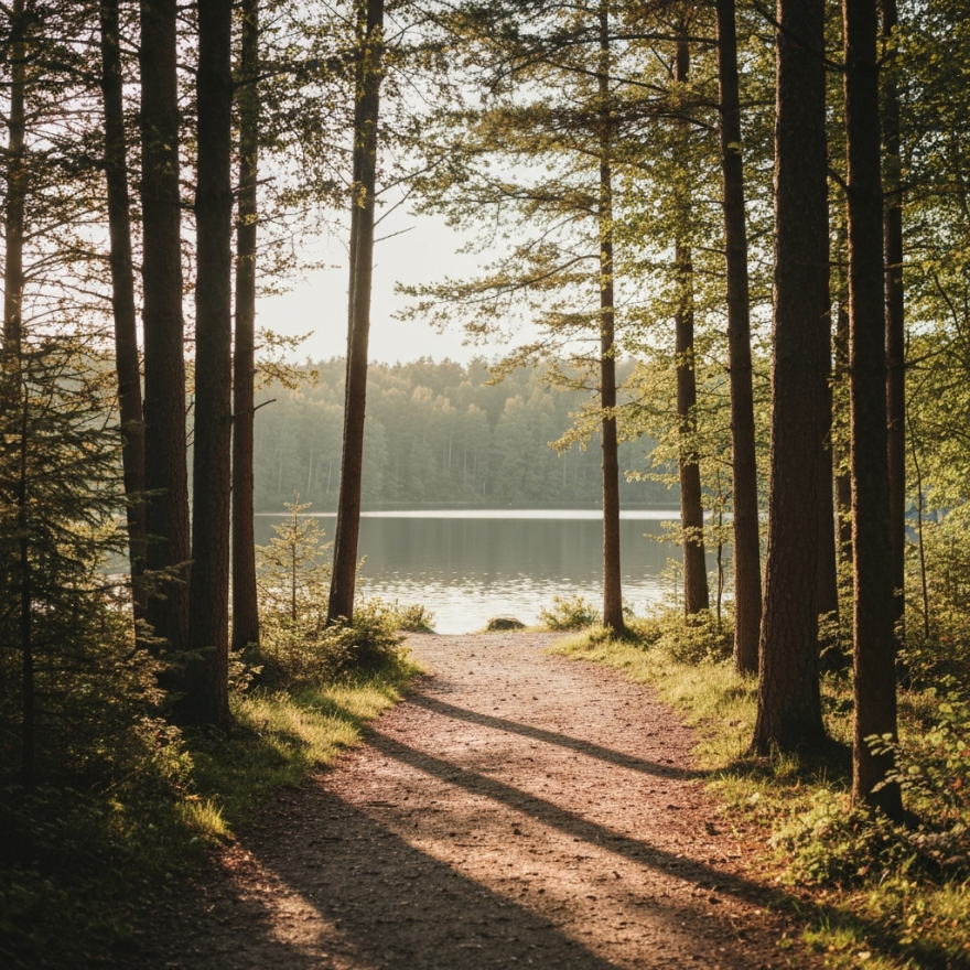 Sunlit path through tall trees leading to a peaceful lakefront