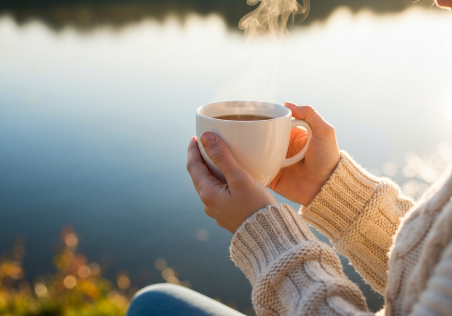 Hands holding a warm mug by the lake