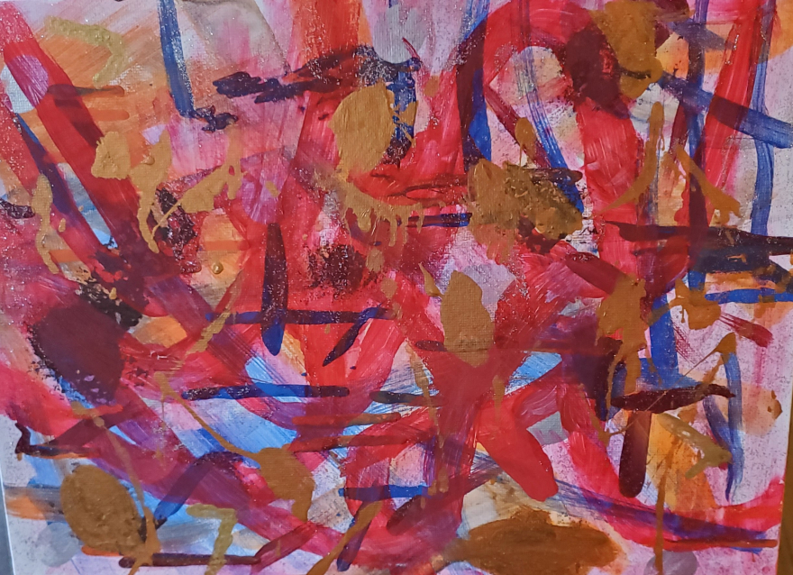 A painting with bright reds, blues and golds
