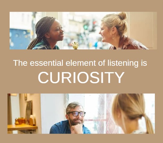 Two images of people listening to one another with curiosity