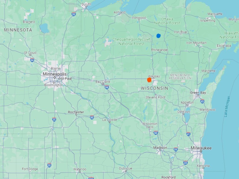 Map of Wisconsin with locations of Moon Beach Camp and St. Anthony's Spirituality Center