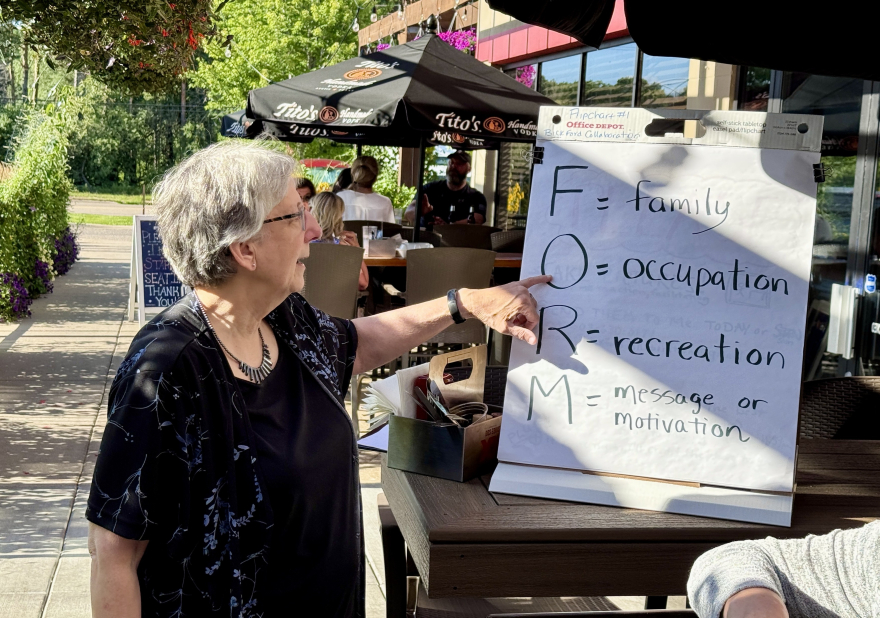 Barb Bickford, pointing to a flip chart with an acronym for remembering networking questions