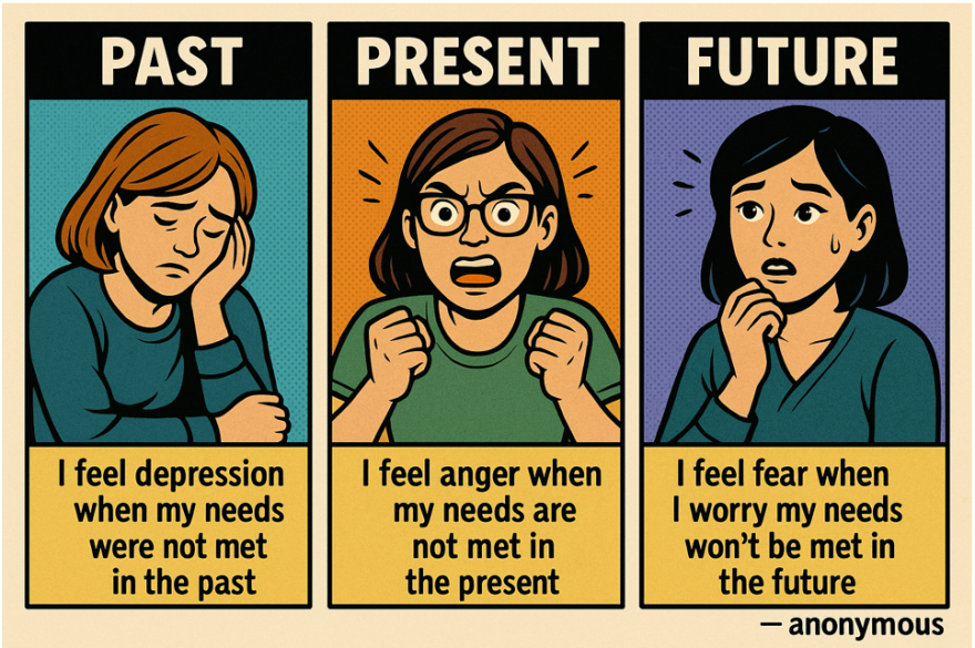 three frame cartoon about what I feel when my needs are not met in the past (depression), in the present (anger) and in the future (fear).( 