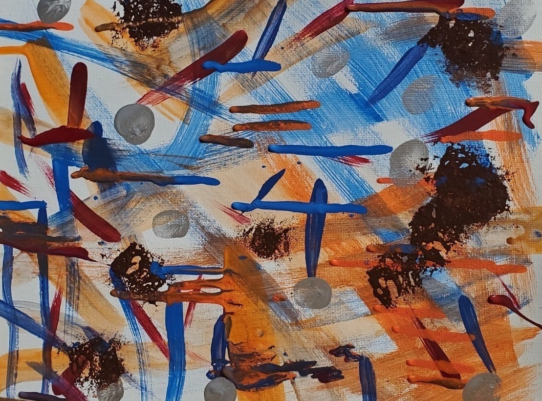 A painting with broad strokes of brown, black, blue and orange