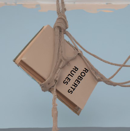 Digital art of a book entitled "Robert's Rules" being suspended by a rope