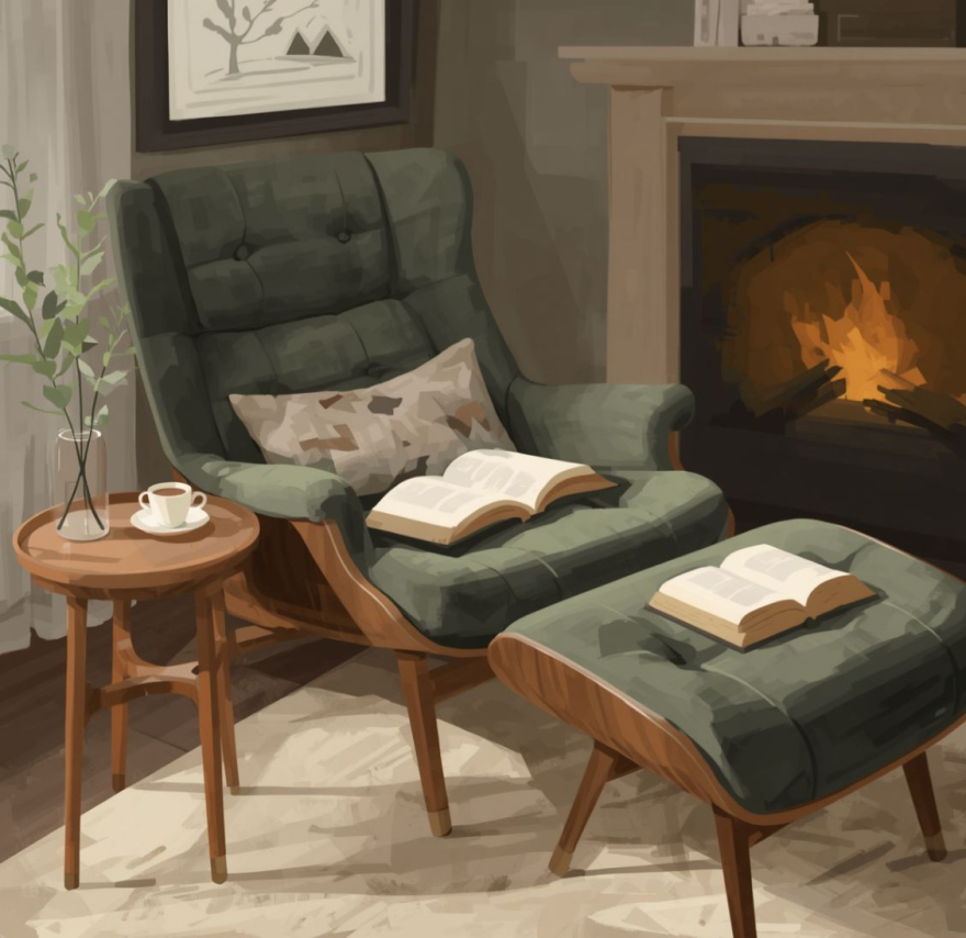 lounge chair with open books in a cozy setting